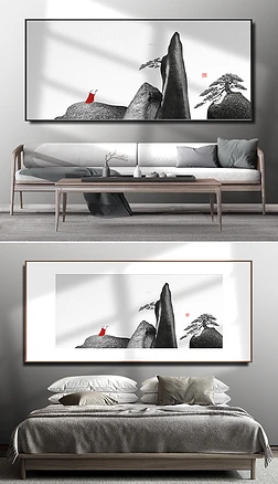 新中式禅意山水石来运转噪点客厅床头装饰画