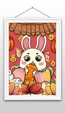 春节兔子抱胡萝卜屋檐莲花粉手绘素材
