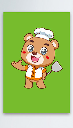 棕色卡通餐饮可爱小熊厨师拿锅铲