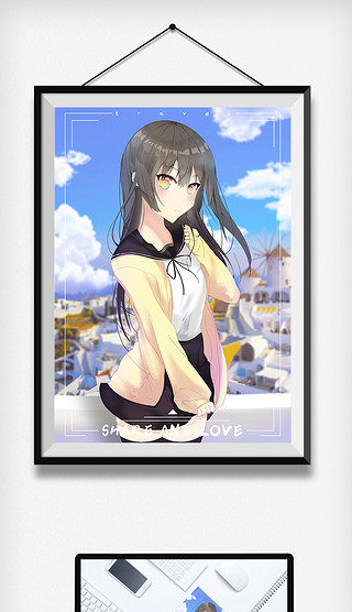 日系少女黑长直水手服立绘旅游风景插画