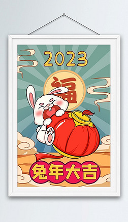 红色喜庆2023兔年春节新年元旦海报插画