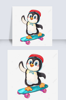 卡通画企鹅玩滑板