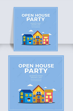 cartoon simple house open day party social media advertisement