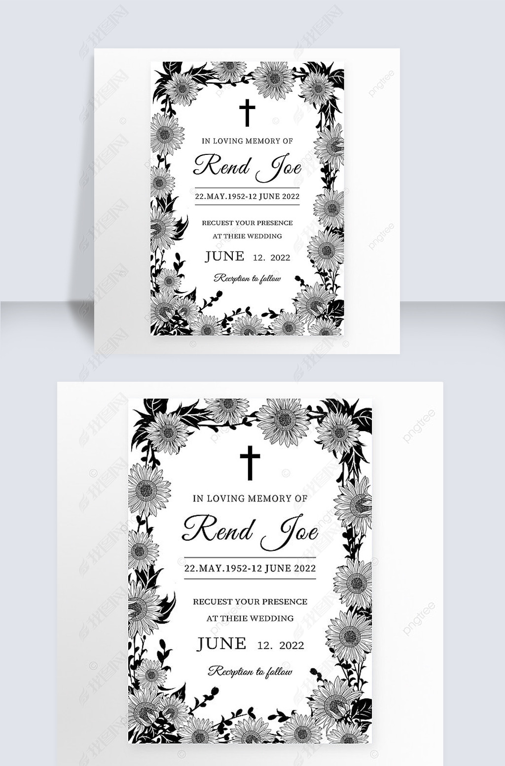 原创黑白线条花卉葬礼邀请函版权可商用