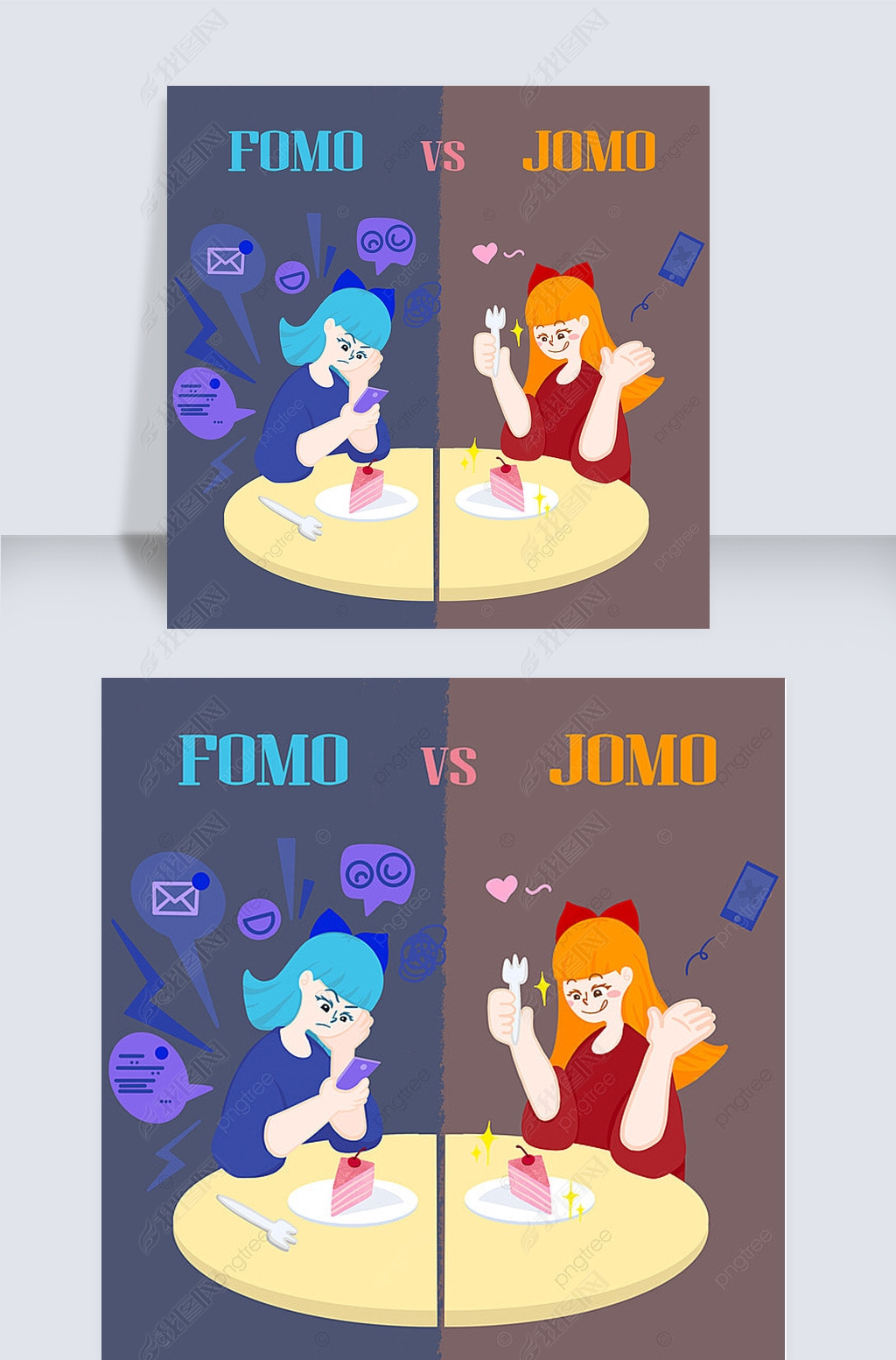 fomo vs jomo cute cartoon round table girl social media post