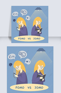 fomo vs jomo cute cartoon girl blue social media post