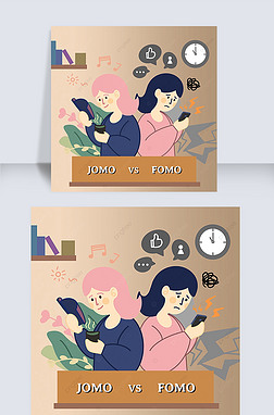 fomo vs jomo cute cartoon clock and girl social media post