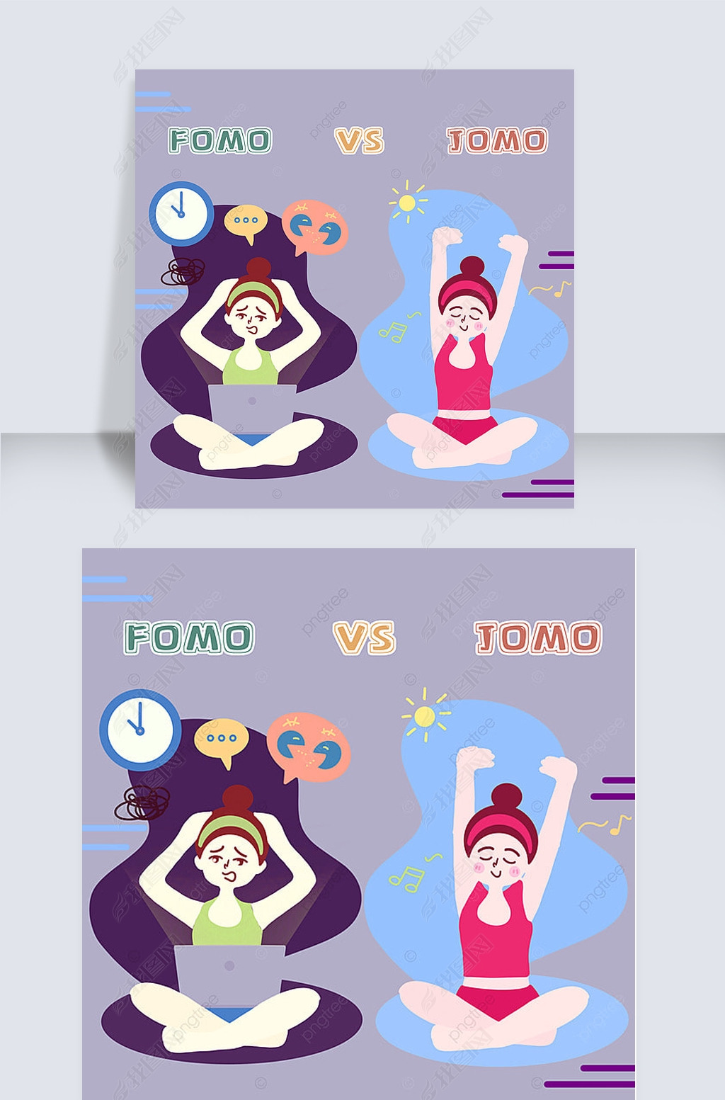 fomo vs jomo cute cartoon girl yoga and computer social media post