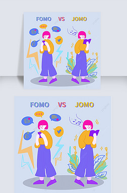 fomo vs jomo cute cartoon girl book and mobile phone social media post