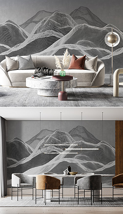 现代简约抽象线条山灰色电视沙发背景墙壁画