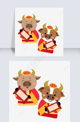 扁平风拿着春联新年春节牛十二生肖插画
