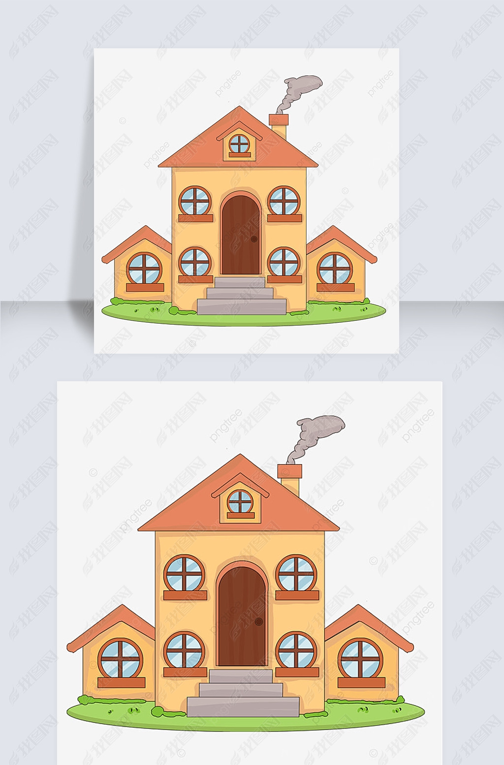 原创homeclipart卡通风格橙色屋顶墙壁淡蓝色窗子冒烟房子剪贴画版权