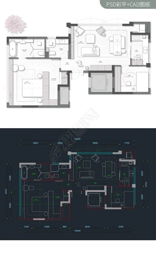 风景区彩平图家装施工CAD图纸|98㎡江景房CAD+PS彩平图