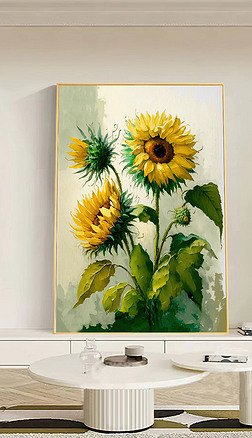 现代简约向日葵装饰画手绘肌理油画客厅挂画