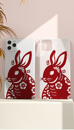 创意新年兔年剪纸兔子可爱红色手机壳