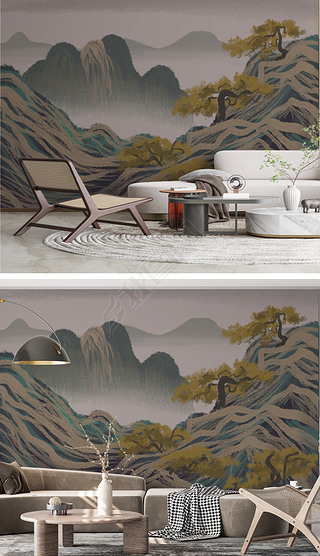 迎客松新中式山水水墨丹青山水国画轻奢背景墙壁画