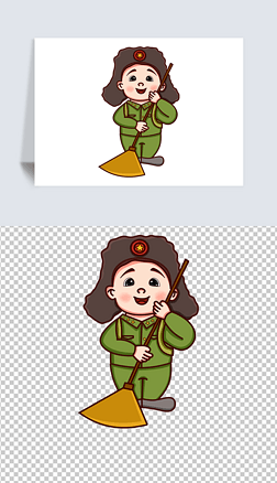 雷锋扫地助人为乐儿童卡通形象手绘军装军人扁平人物