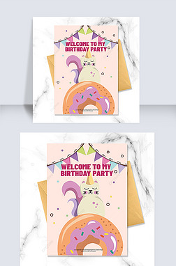 手绘商业粉色背景猫咪甜甜圈彩旗卡通小动物儿童生日邀请函