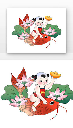 年画娃娃手举元宝荷叶荷花鲤鱼夏季植物绿植荷花荷叶兔子福娃抱鱼荷花