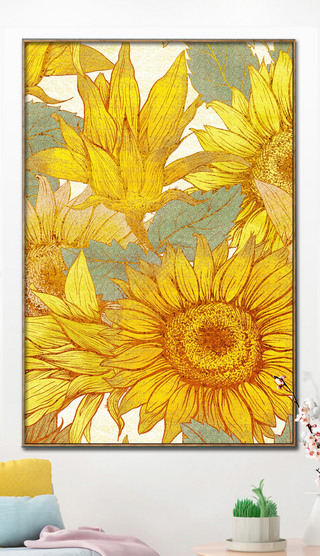 现代简约手绘立体向日葵花卉挂画客厅装饰画