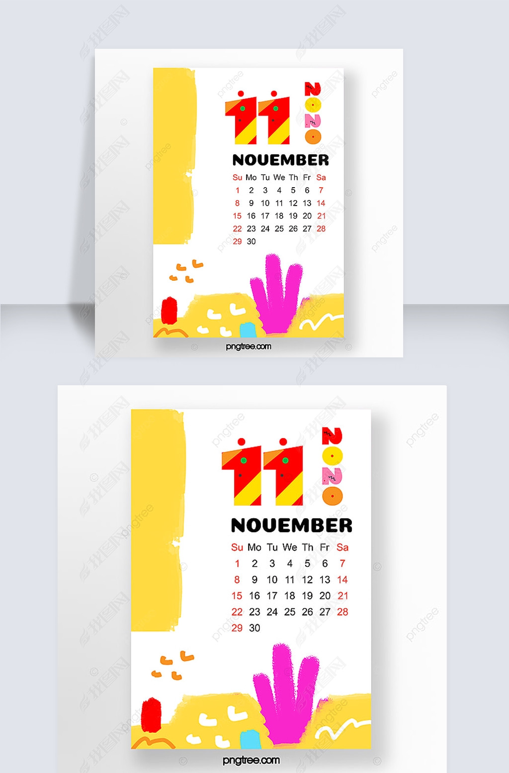原创黄色手绘涂鸦2020年11月月历版权可商用