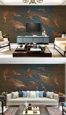 新中式锦鲤金鱼九鱼图浮雕雕刻背景墙