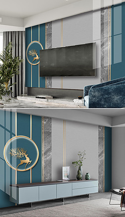 抽象简约孔雀蓝麋鹿电视背景墙