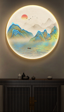 千里江山图山水玄关客厅圆框装饰画1
