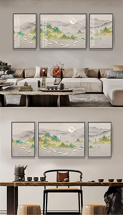千里江山图挂画新中式客厅装饰画三联画沙发背景壁画