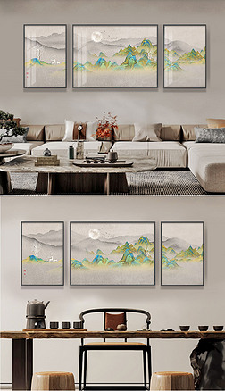 千里江山图挂画新中式客厅装饰画三联画沙发背景壁画