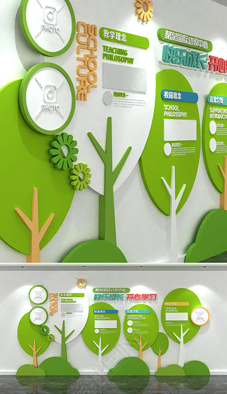 绿色树林创意校园文化墙午托班宣传栏幼儿园形象墙