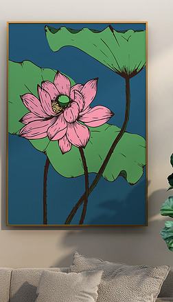 复古花园-北欧线框蓝底荷花花朵花卉图案装饰画版画