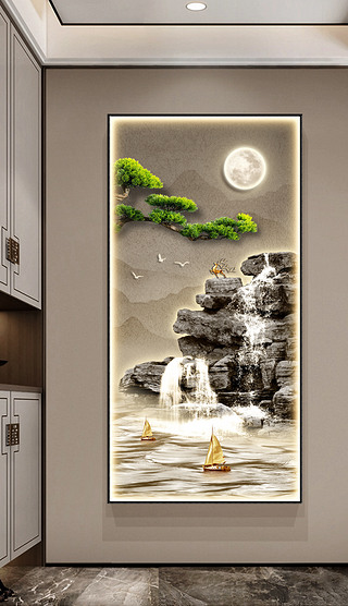 新中式背有靠山流水生财走廊过道玄关客厅装饰画1