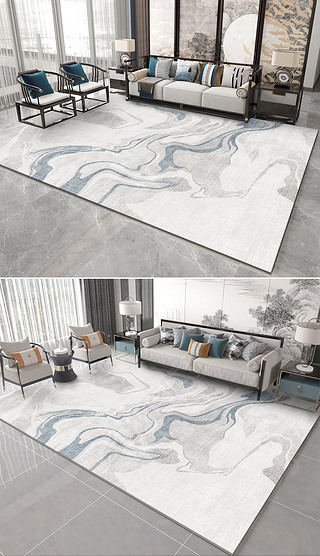 现代新中式蓝色抽象线条艺术客厅卧室地毯地垫设计