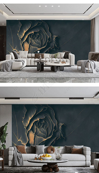 现代简约艺术金色立体玫瑰电视沙发背景墙