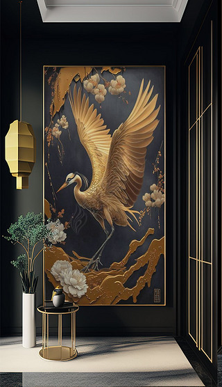 新中式轻奢金色仙鹤入户玄关走廊竖幅玄关挂画