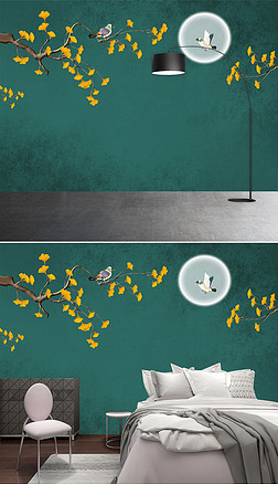 新中式手绘银杏叶花鸟壁画墙画