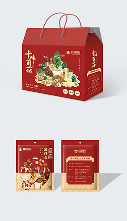 红色野味山珍蘑菇菌菇食品插画包装盒设计