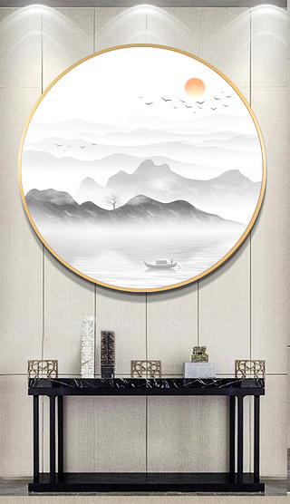新中式极简水墨意境圆形山水画装饰画