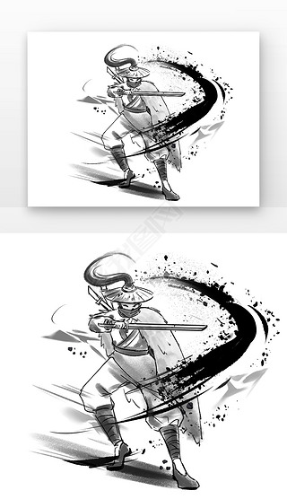 素描漫画人物古风免抠元素|黑白漫画水墨刀剑披风刀锋草帽侠客人物