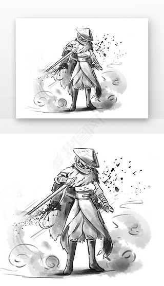 黑白漫画水墨风白烟刀剑草帽侠客人物元素