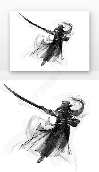 水墨侠客人物戴帽子穿披风手拿刀剑的武侠练武术