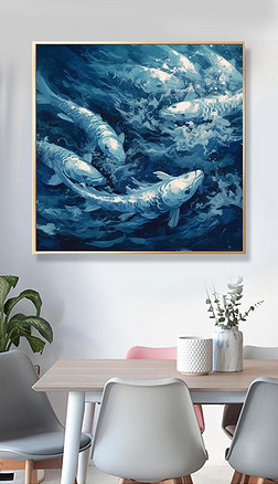 Blue and White Waves Curling Koi Fish Oil Painting Effect