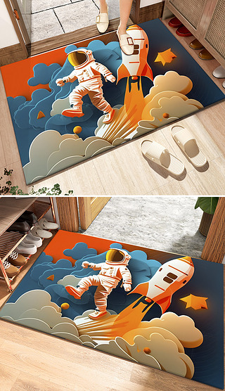 地面装饰地垫卡通宇航员漫步太空火箭云朵