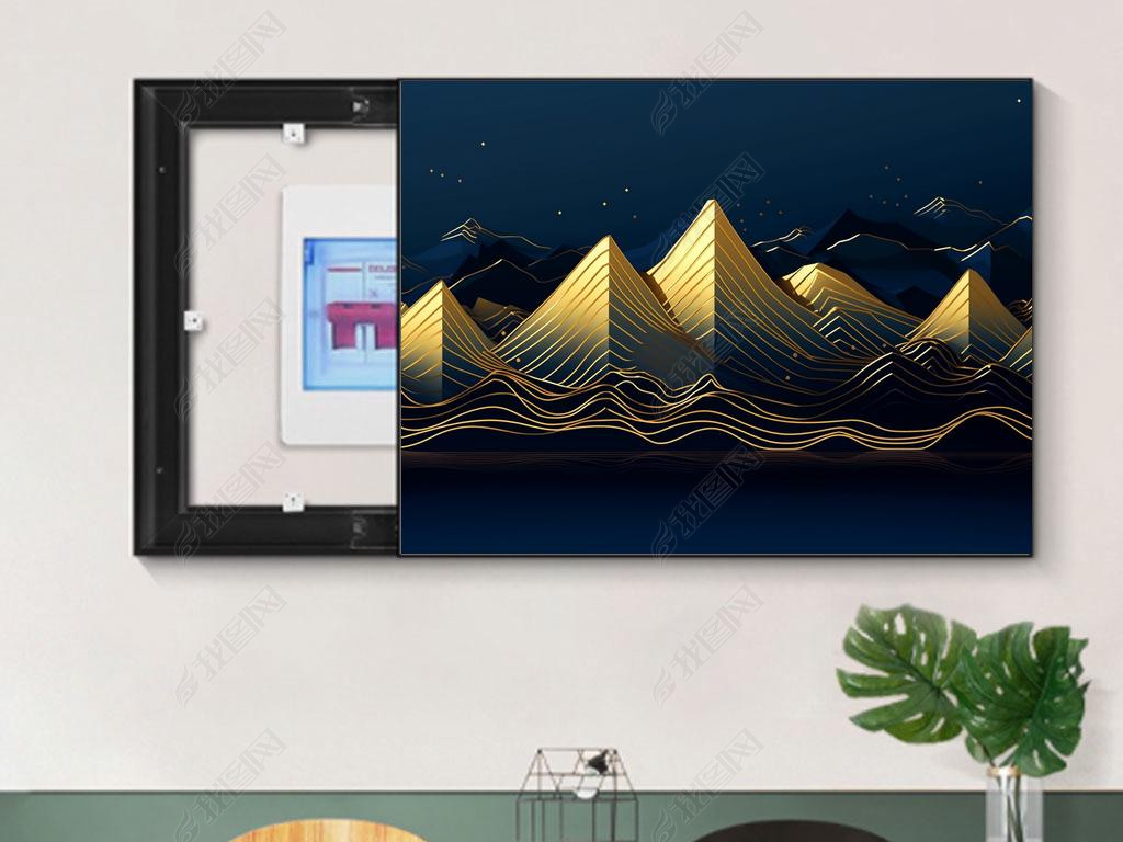 New Chinese Blue Mountain Peaks Golden Lake Surround Pattern 2D Scintillating Gold A Line Outlining 