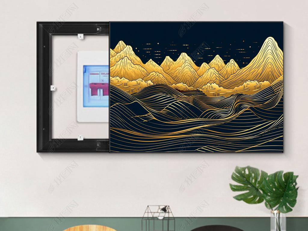 New Chinese Blue Mountain Peaks Golden Lake Surround Pattern 2D Scintillating Gold A Line Outlining 