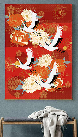 红色底牡丹仙鹤新中式花鸟装饰画国潮传统中式背景