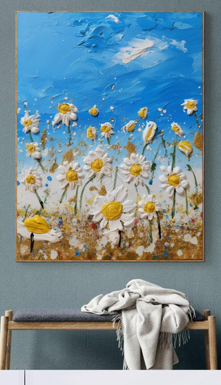 白色小雏菊蓝天白云高级肌理油画装饰画4