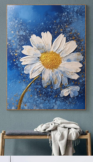 白色雏菊装饰画|白色小雏菊蓝天白云高级肌理油画装饰画9