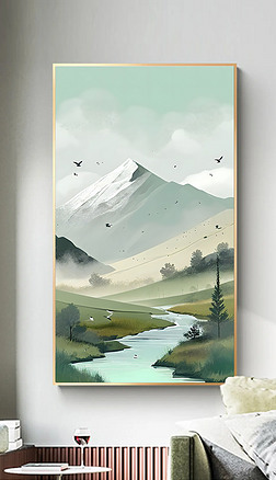 山峰流水肌理风景画治愈系奶油风玄关画